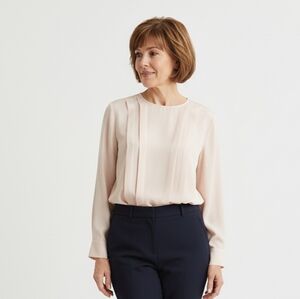 Chanel Vintage Cream Luxury Satin Pleads Accent Blouse Dress Shirt M,